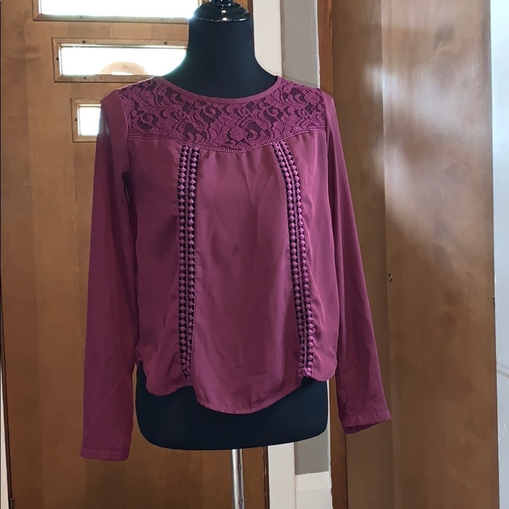 Maroon long-sleeved roll cuff blouse with lace